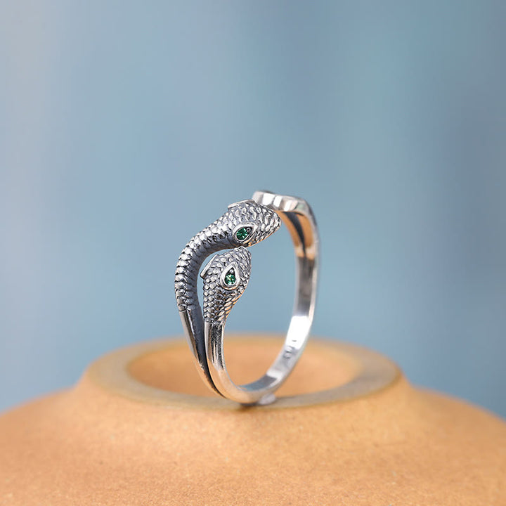 Anillo abierto ajustable con serpiente de dos cabezas del año de la serpiente en plata de ley 925 con Buddha Stones