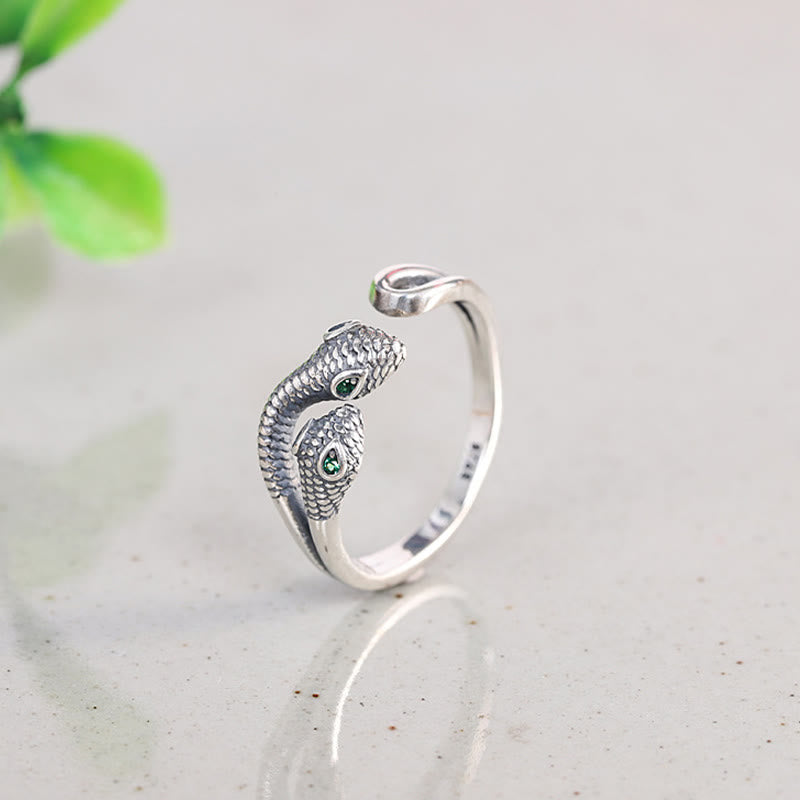 Anillo abierto ajustable con serpiente de dos cabezas del año de la serpiente en plata de ley 925 con Buddha Stones
