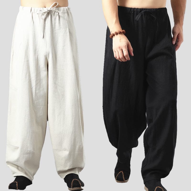 Pantalones de lino y algodón con cordón de color liso para hombre, informales, con Buddha Stones y bolsillos - image 0