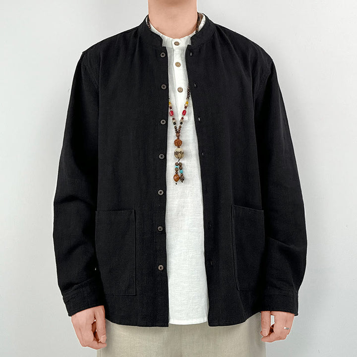 Camisa informal de lino y algodón con bolsillos para hombre, de color liso y ramio , con Buddha Stones - Negro - US/UK/AU42, EU52 (3XL) - image 4