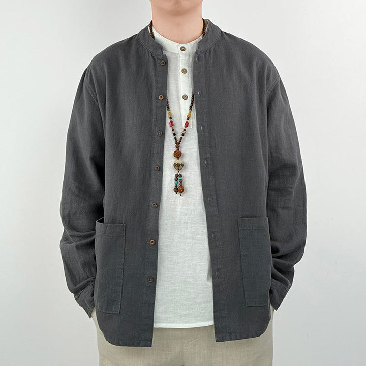 Camisa informal de lino y algodón con bolsillos para hombre, de color liso y ramio , con Buddha Stones