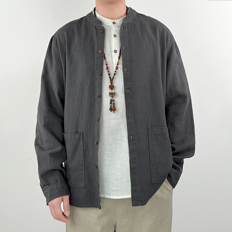 Camisa informal de lino y algodón con bolsillos para hombre, de color liso y ramio , con Buddha Stones - Gris - US/UK/AU42, EU52 (3XL) - image 0