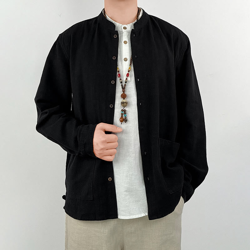 Camisa informal de lino y algodón con bolsillos para hombre, de color liso y ramio , con Buddha Stones