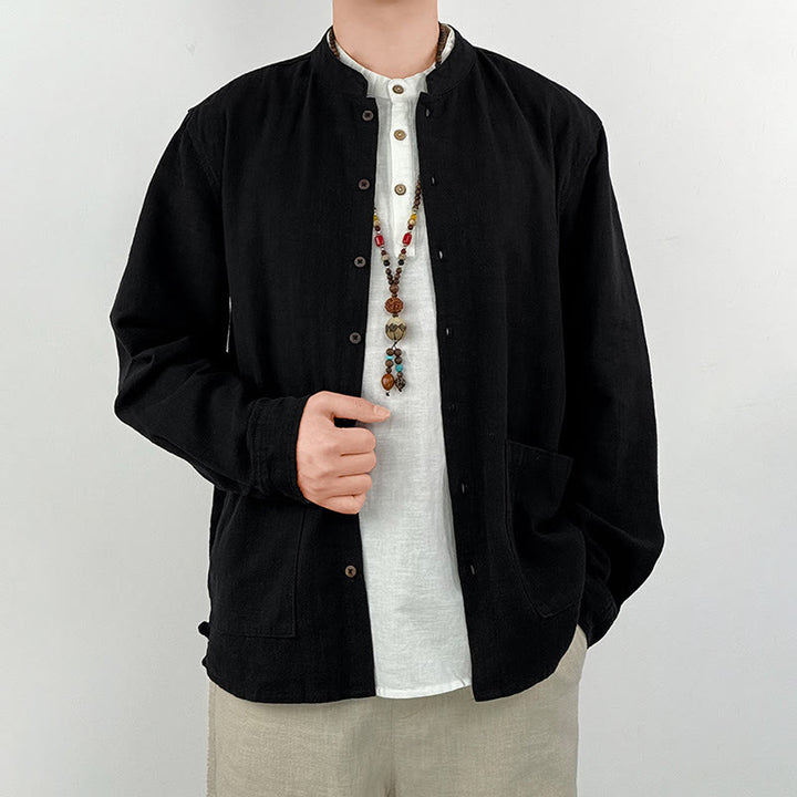 Camisa informal de lino y algodón con bolsillos para hombre, de color liso y ramio , con Buddha Stones