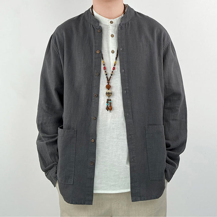 Camisa informal de lino y algodón con bolsillos para hombre, de color liso y ramio , con Buddha Stones