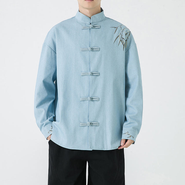 Camisa y chaqueta de algodón para hombre con diseño de hojas de bambú y Buddha Stones y botones de rana