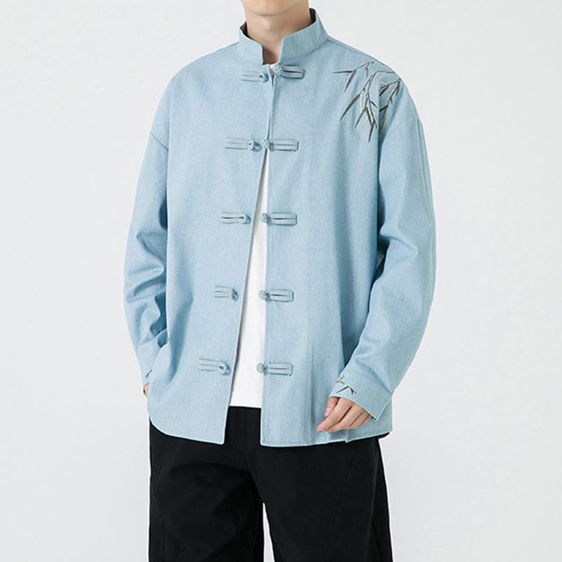 Camisa y chaqueta de algodón para hombre con diseño de hojas de bambú y Buddha Stones y botones de rana