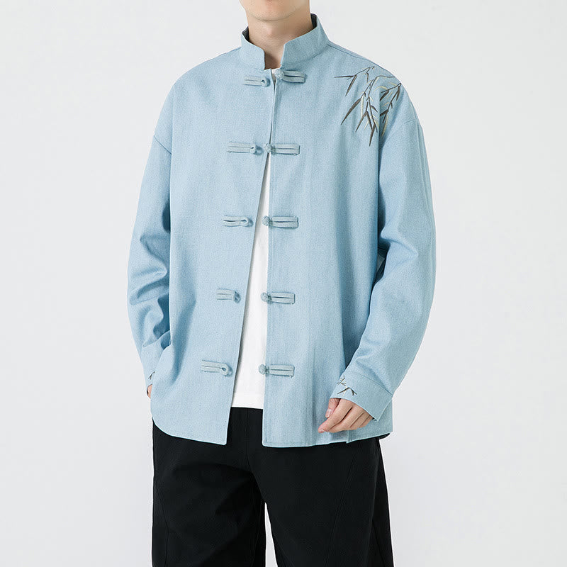 Camisa y chaqueta de algodón para hombre con diseño de hojas de bambú y Buddha Stones y botones de rana