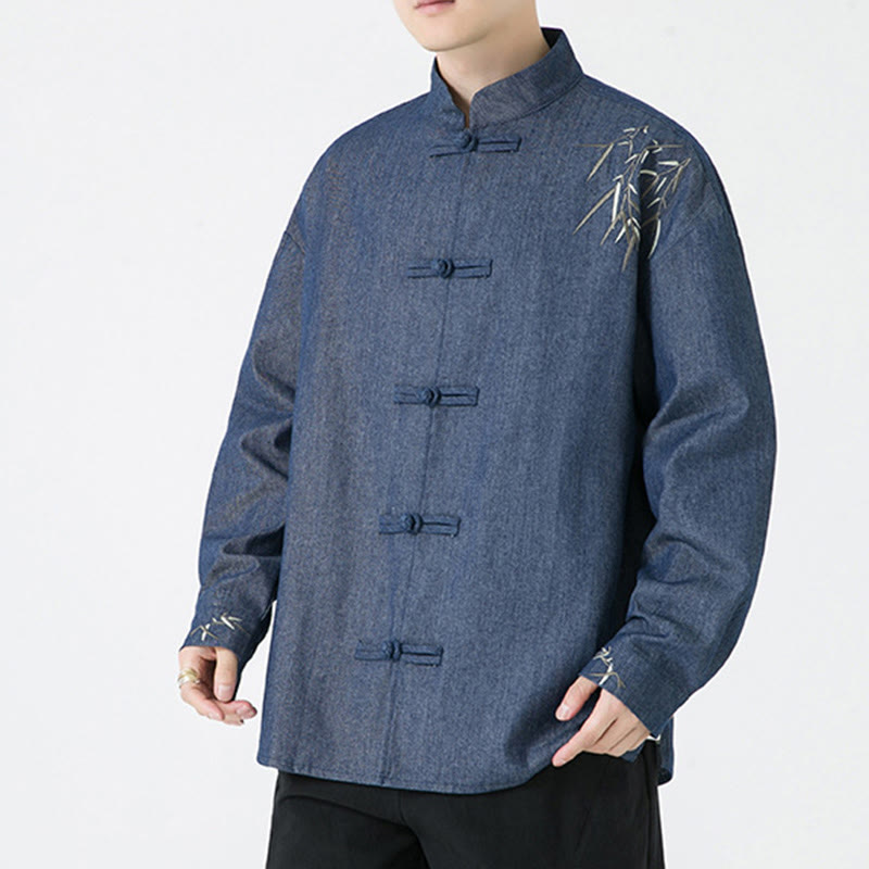 Camisa y chaqueta de algodón para hombre con diseño de hojas de bambú y Buddha Stones y botones de rana