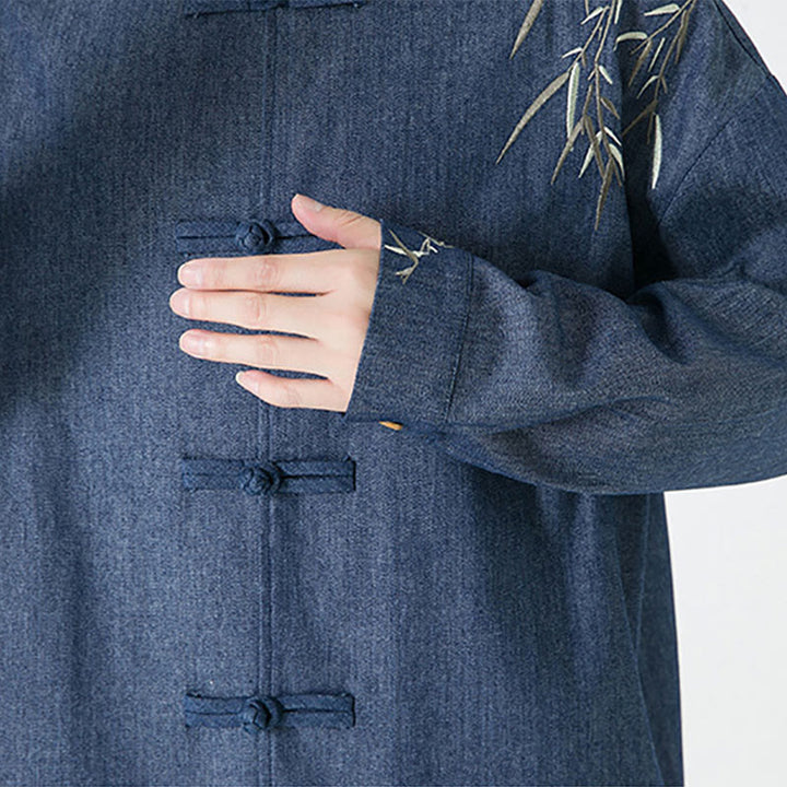 Camisa y chaqueta de algodón para hombre con diseño de hojas de bambú y Buddha Stones y botones de rana