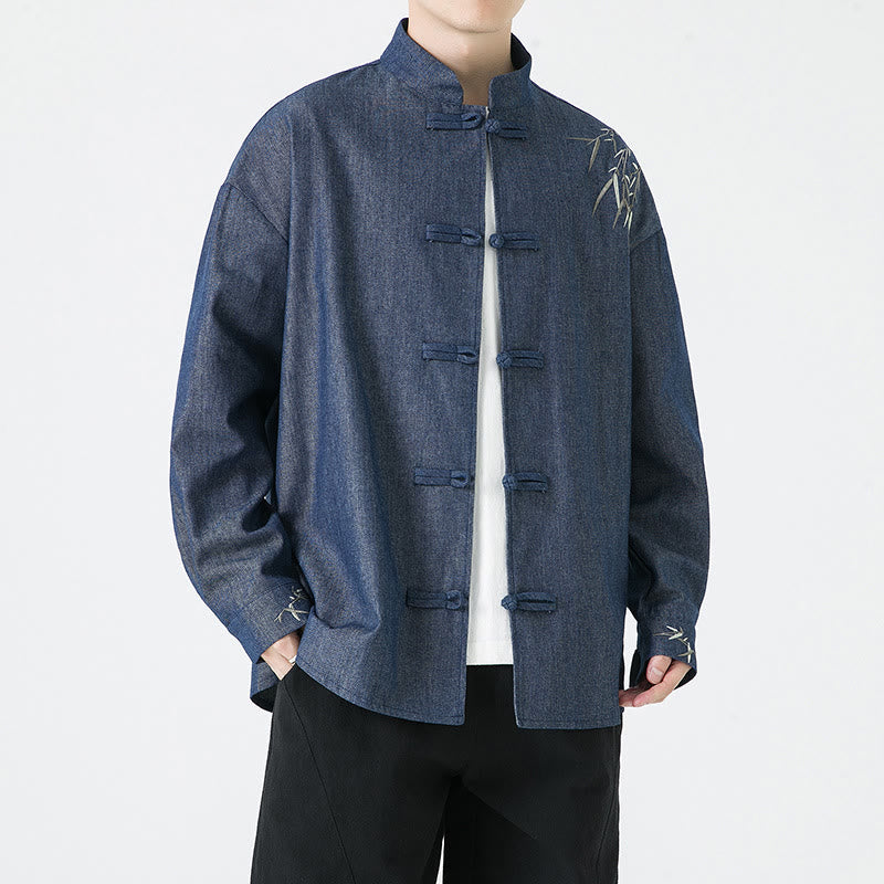 Camisa y chaqueta de algodón para hombre con diseño de hojas de bambú y Buddha Stones y botones de rana