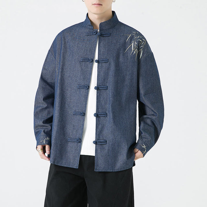 Camisa y chaqueta de algodón para hombre con diseño de hojas de bambú y Buddha Stones y botones de rana