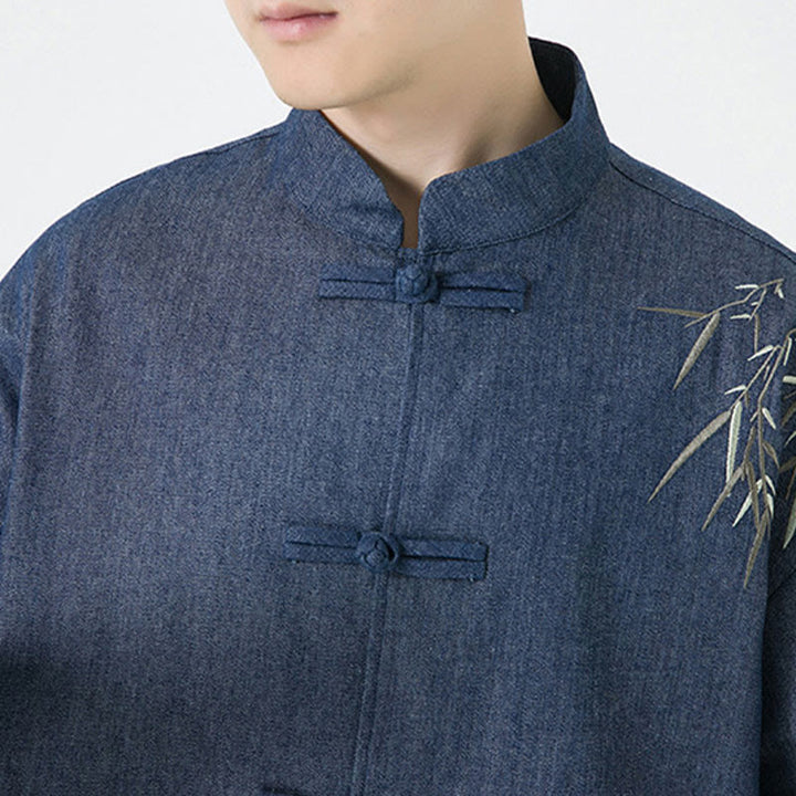 Camisa y chaqueta de algodón para hombre con diseño de hojas de bambú y Buddha Stones y botones de rana