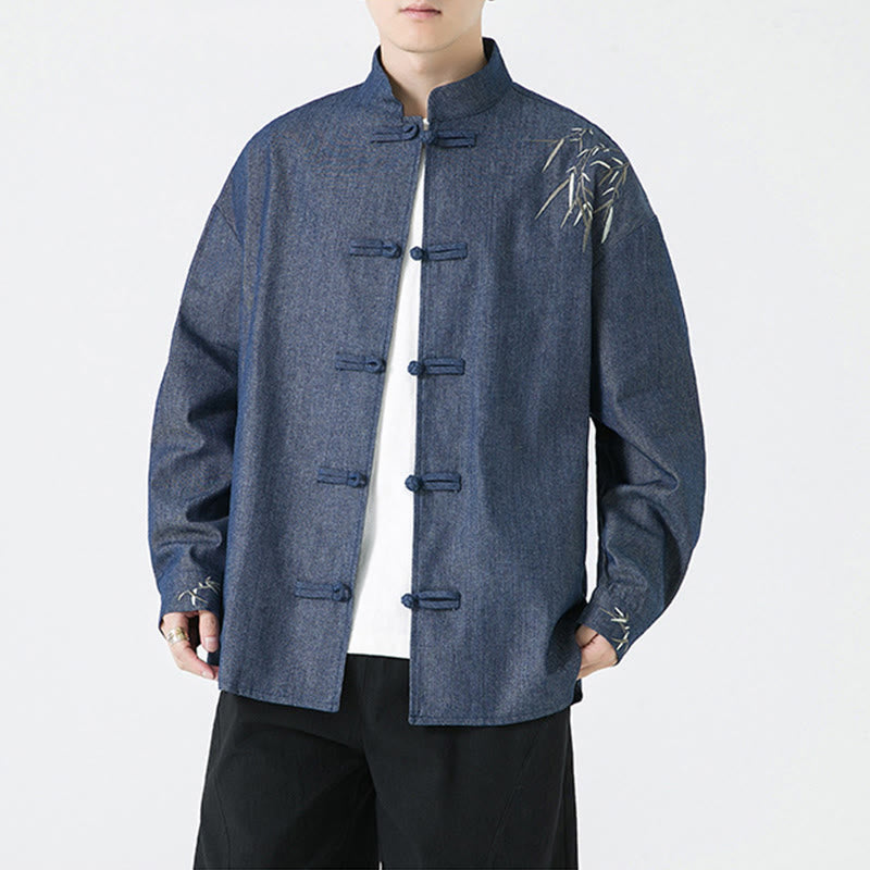 Camisa y chaqueta de algodón para hombre con diseño de hojas de bambú y Buddha Stones y botones de rana
