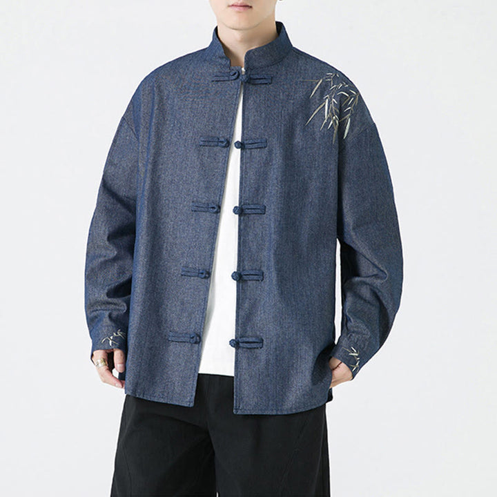 Camisa y chaqueta de algodón para hombre con diseño de hojas de bambú y Buddha Stones y botones de rana