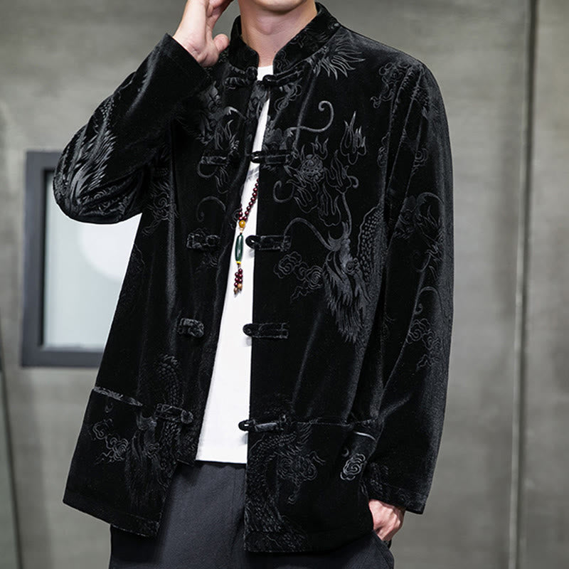 Traje Tang con botones de rana y estampado de dragón para hombre de Buddha Stones, chaqueta y camisa de algodón Lisvelte con bolsillos