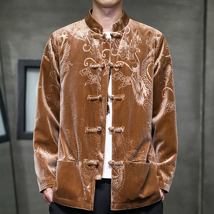 Traje Tang con botones de rana y estampado de dragón para hombre de Buddha Stones, chaqueta y camisa de algodón Lisvelte con bolsillos