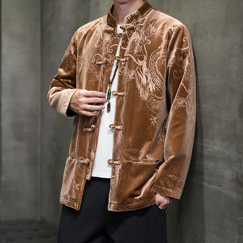 Traje Tang con botones de rana y estampado de dragón para hombre de Buddha Stones, chaqueta y camisa de algodón Lisvelte con bolsillos