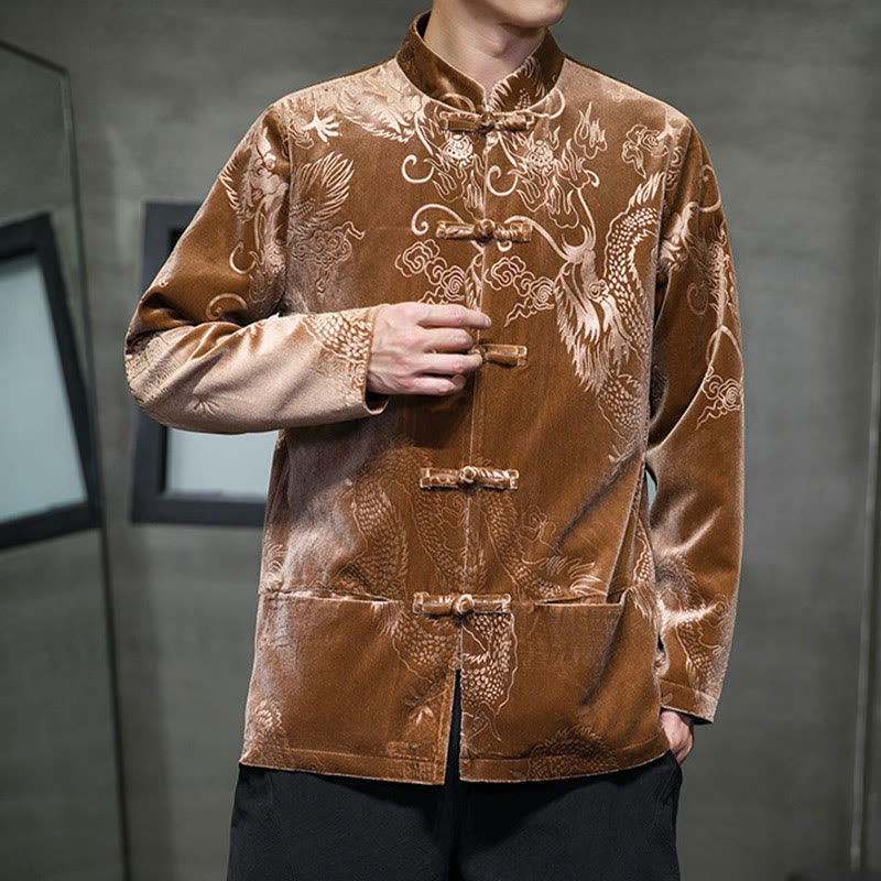 Traje Tang con botones de rana y estampado de dragón para hombre de Buddha Stones, chaqueta y camisa de algodón Lisvelte con bolsillos