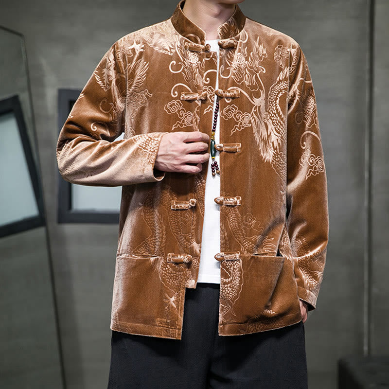 Traje Tang con botones de rana y estampado de dragón para hombre de Buddha Stones, chaqueta y camisa de algodón Lisvelte con bolsillos