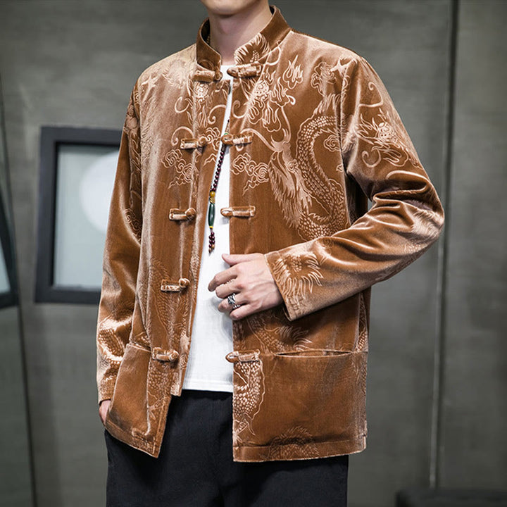 Traje Tang con botones de rana y estampado de dragón para hombre de Buddha Stones, chaqueta y camisa de algodón Lisvelte con bolsillos
