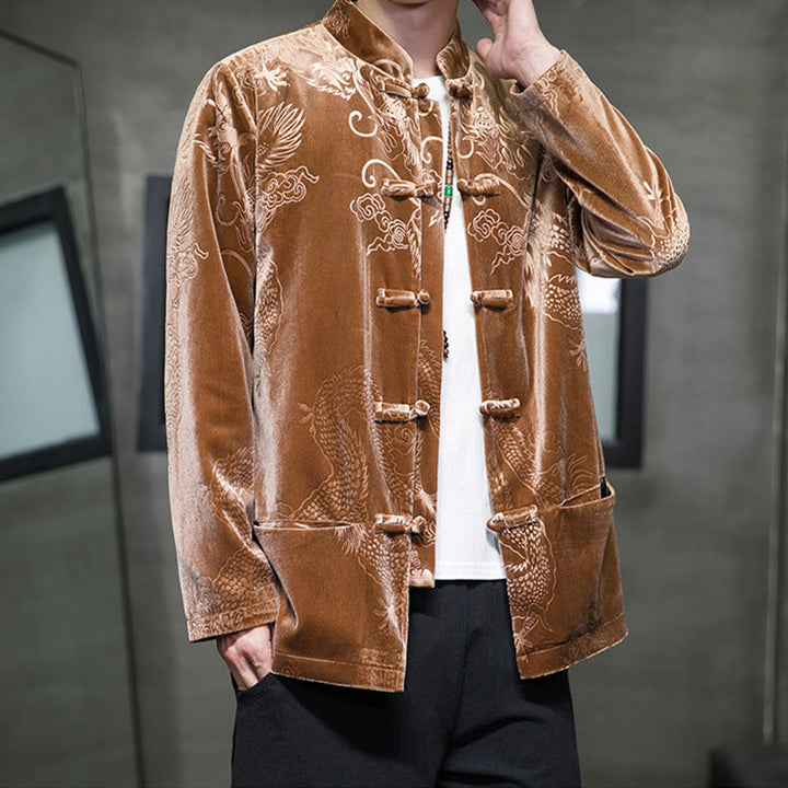 Traje Tang con botones de rana y estampado de dragón para hombre de Buddha Stones, chaqueta y camisa de algodón Lisvelte con bolsillos