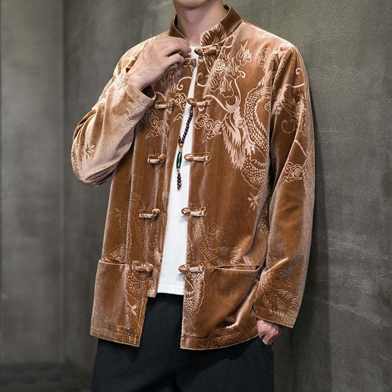 Traje Tang con botones de rana y estampado de dragón para hombre de Buddha Stones, chaqueta y camisa de algodón Lisvelte con bolsillos