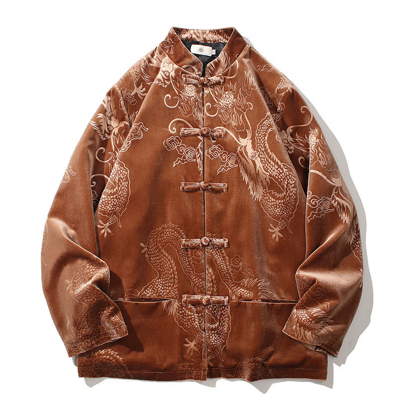Traje Tang con botones de rana y estampado de dragón para hombre de Buddha Stones, chaqueta y camisa de algodón Lisvelte con bolsillos