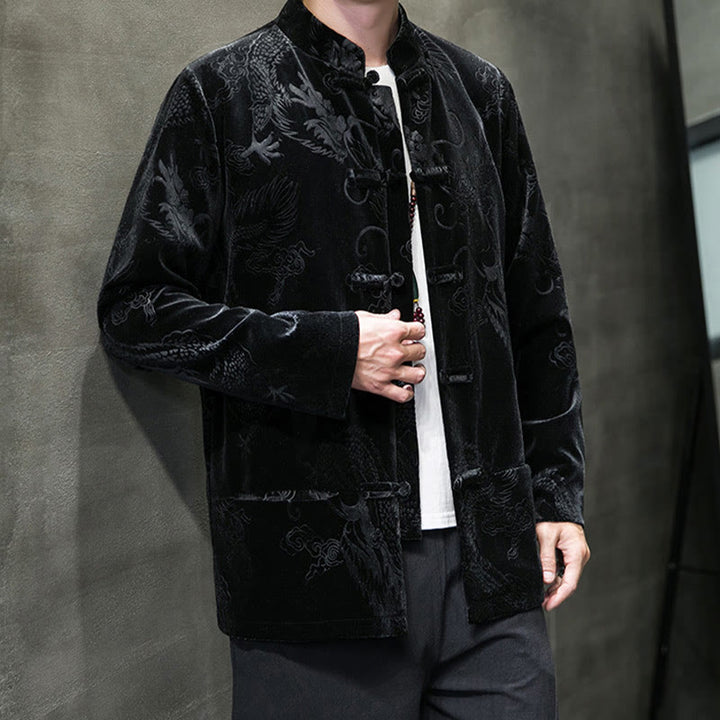 Traje Tang con botones de rana y estampado de dragón para hombre de Buddha Stones, chaqueta y camisa de algodón Lisvelte con bolsillos