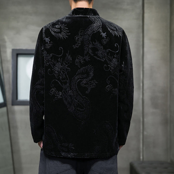 Traje Tang con botones de rana y estampado de dragón para hombre de Buddha Stones, chaqueta y camisa de algodón Lisvelte con bolsillos - image 17