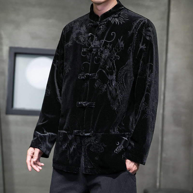 Traje Tang con botones de rana y estampado de dragón para hombre de Buddha Stones, chaqueta y camisa de algodón Lisvelte con bolsillos