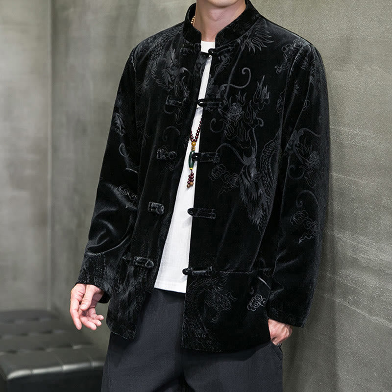 Traje Tang con botones de rana y estampado de dragón para hombre de Buddha Stones, chaqueta y camisa de algodón Lisvelte con bolsillos
