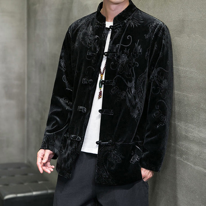 Traje Tang con botones de rana y estampado de dragón para hombre de Buddha Stones, chaqueta y camisa de algodón Lisvelte con bolsillos