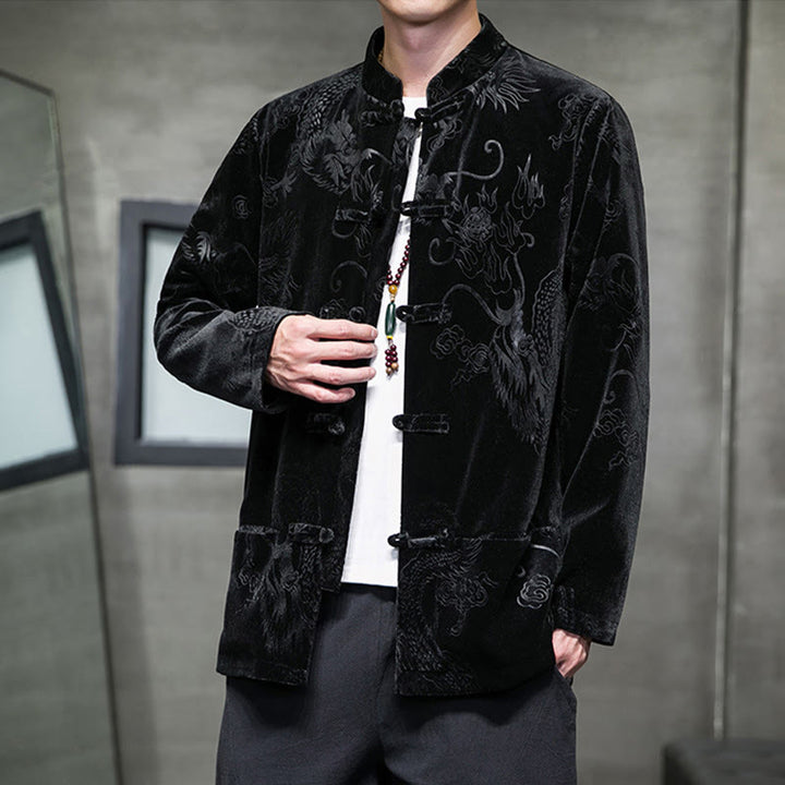 Traje Tang con botones de rana y estampado de dragón para hombre de Buddha Stones, chaqueta y camisa de algodón Lisvelte con bolsillos