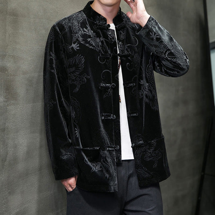 Traje Tang con botones de rana y estampado de dragón para hombre de Buddha Stones, chaqueta y camisa de algodón Lisvelte con bolsillos - image 15