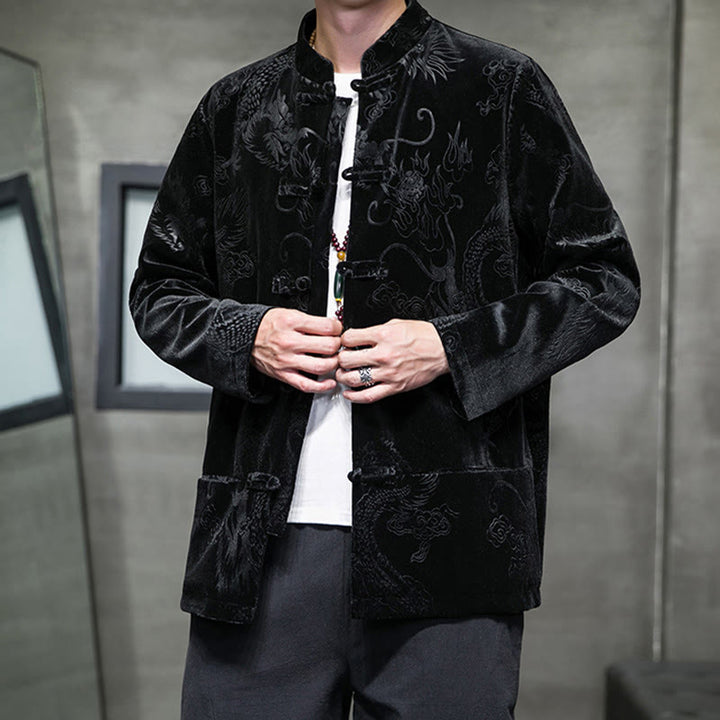 Traje Tang con botones de rana y estampado de dragón para hombre de Buddha Stones, chaqueta y camisa de algodón Lisvelte con bolsillos