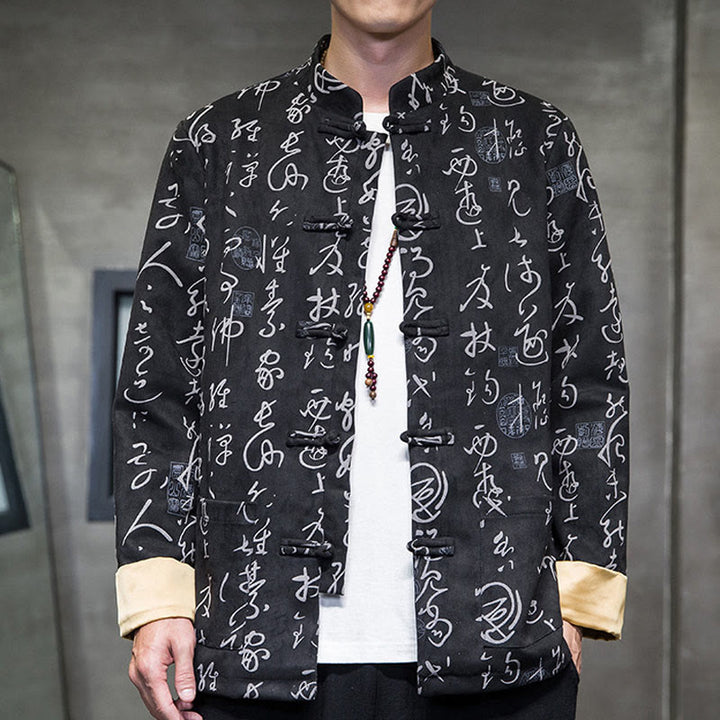 Traje Tang con Buddha Stones de rana para hombre con estampado de caligrafía china, chaqueta de piel de ciervo y poliéster, camisa con bolsillos