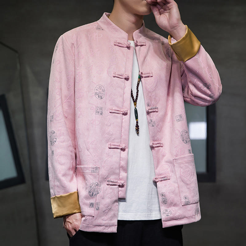 Traje Tang con Buddha Stones de rana para hombre con estampado de caligrafía china, chaqueta de piel de ciervo y poliéster, camisa con bolsillos