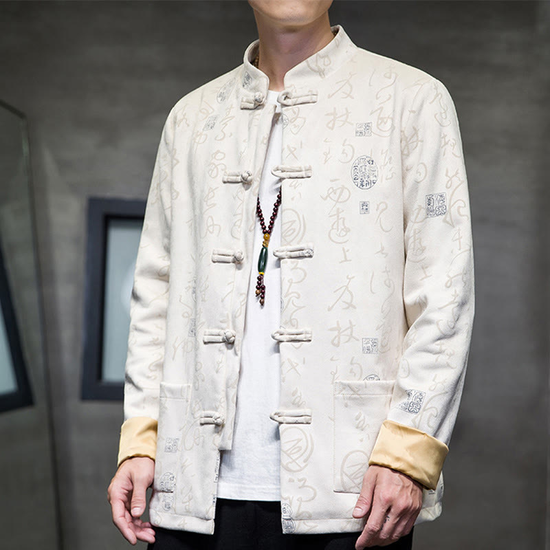 Traje Tang con Buddha Stones de rana para hombre con estampado de caligrafía china, chaqueta de piel de ciervo y poliéster, camisa con bolsillos