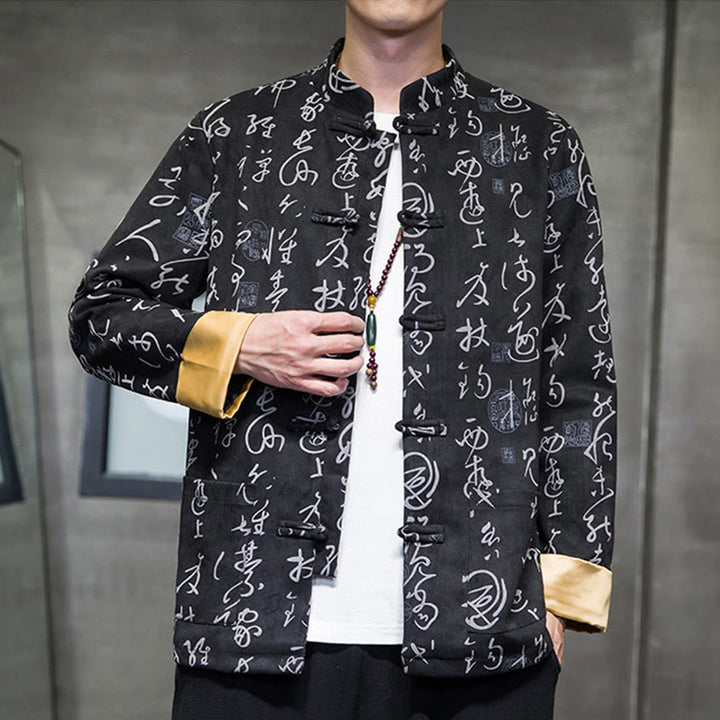 Traje Tang con Buddha Stones de rana para hombre con estampado de caligrafía china, chaqueta de piel de ciervo y poliéster, camisa con bolsillos