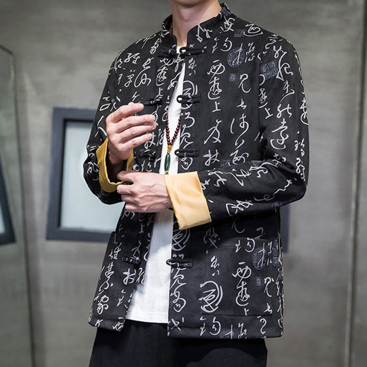 Traje Tang con Buddha Stones de rana para hombre con estampado de caligrafía china, chaqueta de piel de ciervo y poliéster, camisa con bolsillos