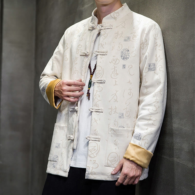 Traje Tang con Buddha Stones de rana para hombre con estampado de caligrafía china, chaqueta de piel de ciervo y poliéster, camisa con bolsillos