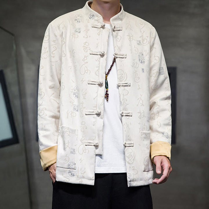 Traje Tang con Buddha Stones de rana para hombre con estampado de caligrafía china, chaqueta de piel de ciervo y poliéster, camisa con bolsillos