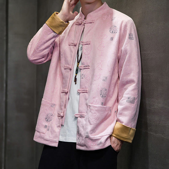 Traje Tang con Buddha Stones de rana para hombre con estampado de caligrafía china, chaqueta de piel de ciervo y poliéster, camisa con bolsillos