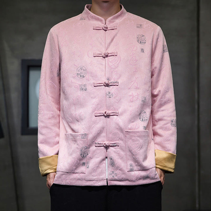 Traje Tang con Buddha Stones de rana para hombre con estampado de caligrafía china, chaqueta de piel de ciervo y poliéster, camisa con bolsillos