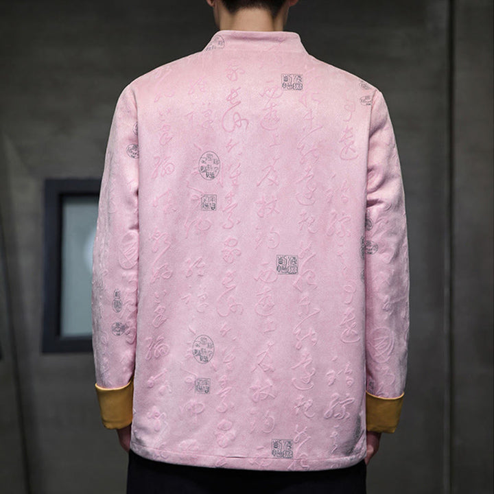 Traje Tang con Buddha Stones de rana para hombre con estampado de caligrafía china, chaqueta de piel de ciervo y poliéster, camisa con bolsillos