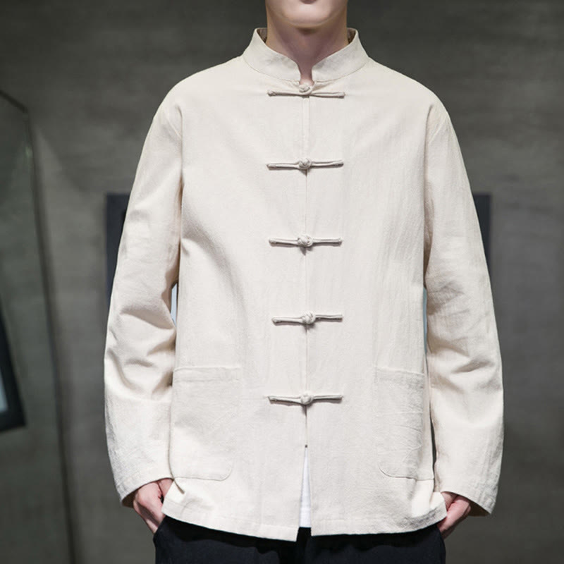 Traje Tang de algodón y lino con botones de rana de color liso y Buddha Stones para hombre, chaqueta y camisa con bolsillos - image 17