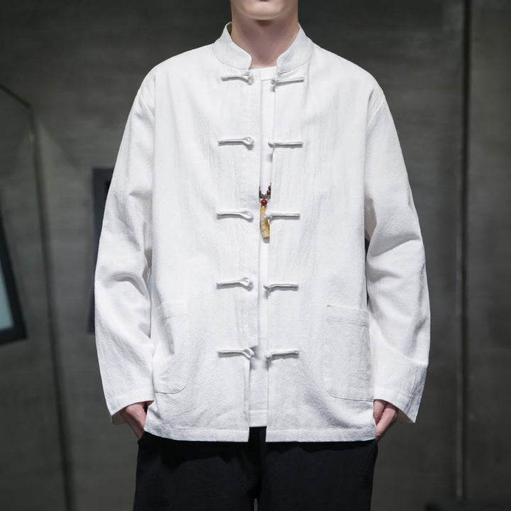 Traje Tang de algodón y lino con botones de rana de color liso y Buddha Stones para hombre, chaqueta y camisa con bolsillos - Blanco - US/UK/AU46, EU56 (5XL) - image 40