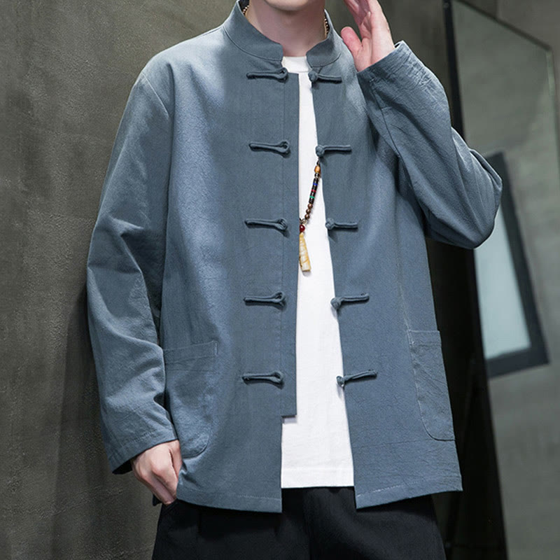 Traje Tang de algodón y lino con botones de rana de color liso y Buddha Stones para hombre, chaqueta y camisa con bolsillos - image 2