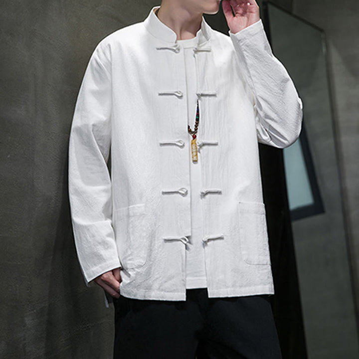 Traje Tang de algodón y lino con botones de rana de color liso y Buddha Stones para hombre, chaqueta y camisa con bolsillos - image 43